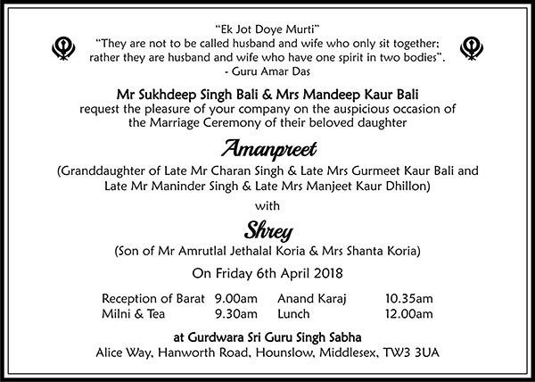 Sikh wedding invitation wording 2 - Parekh Cards